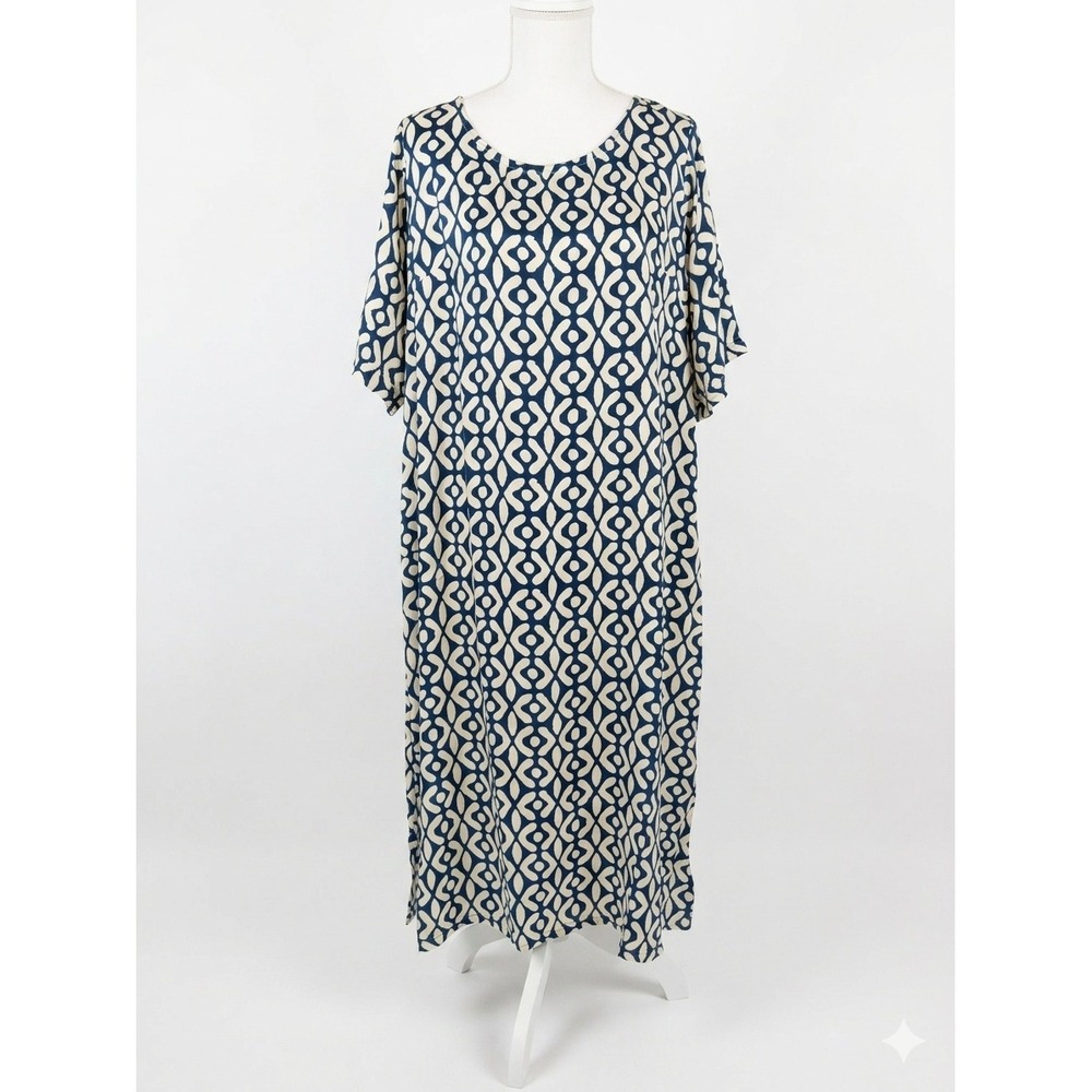 y Why? Navy Blue Cream Geometric Silk Blend Maxi Dress Kaftan Made in India